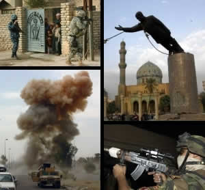 Clockwise, starting at top left: a joint patrol in Samarra; the toppling of the Saddam Hussein statue in Firdos Square; an Iraqi Army soldier readies his rifle during an assault; a roadside bomb detonates in South Baghdad. Via Wikimedia Commons 