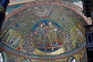 The coronation of the Virgin with angels, saints, Pope Nicolas IV and Cardinal Colonna. Apse mosaic in Basilica di Santa Maria Maggiore, by Jacopo Torriti (1295), with parts from the original mosaic (5th century). Author Jastrow