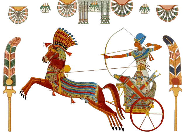 Ramesses II (1279–1213 BC) depicted with bow and arrow, during battle.